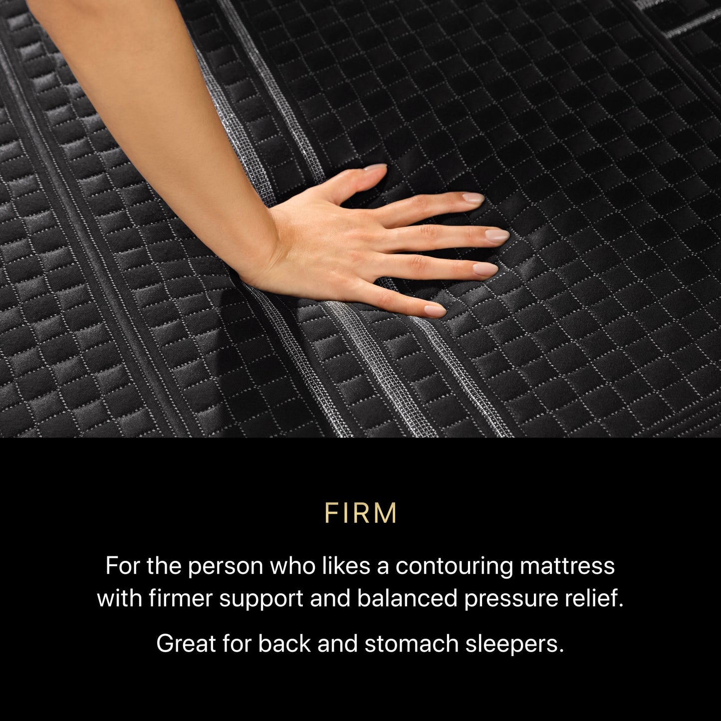 A hand pressing on a BeautyRest Firm Hybrid mattress || series: Series One || feel: Firm