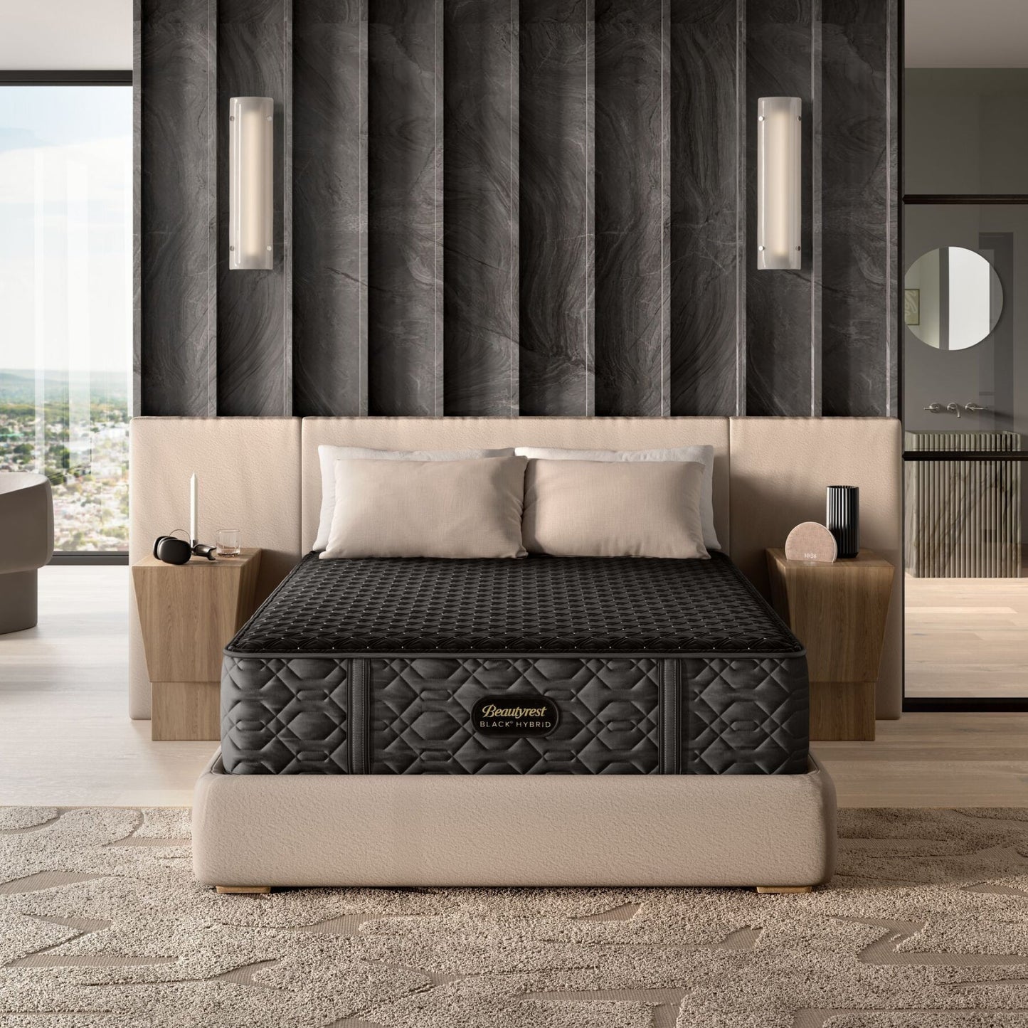 BeautyRest Medium Hybrid mattress sitting in a beige bed frame || series: Series Three || feel: Medium