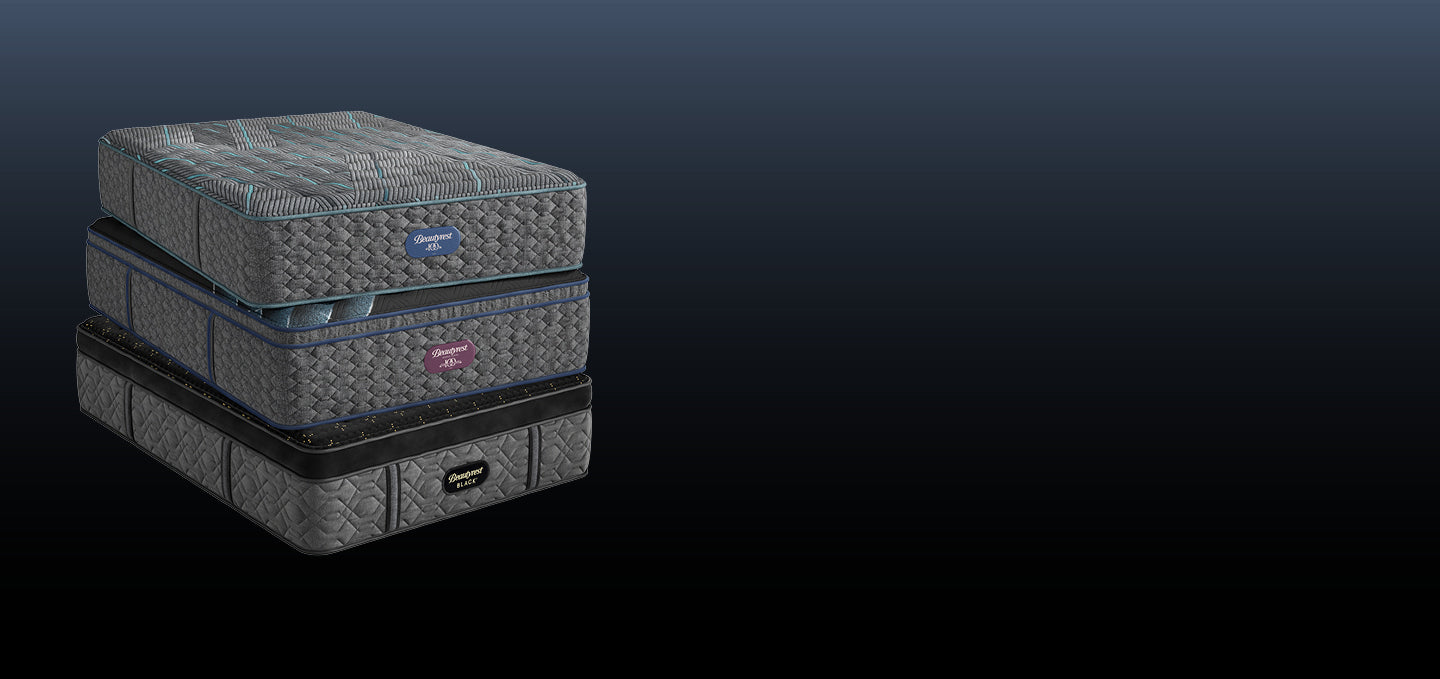 Beautyrest, Beautyrest World Class and Beautyrest Black mattresses stacked on top of each other