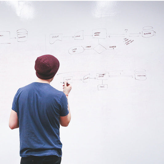 Man in a purple knitted hat and blue T-shirt holding a marker in front of a whiteboard covered in text and diagrams.