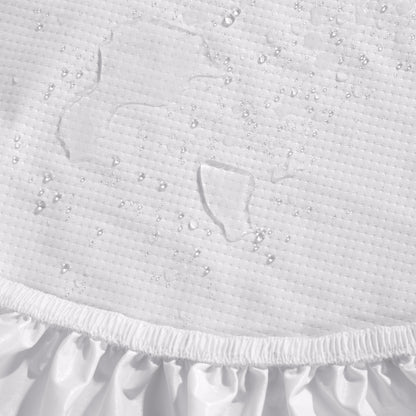 Close-up of a Beautyrest mattress protector with water droplets beading on top and a ruffled elastic hem at the bottom.