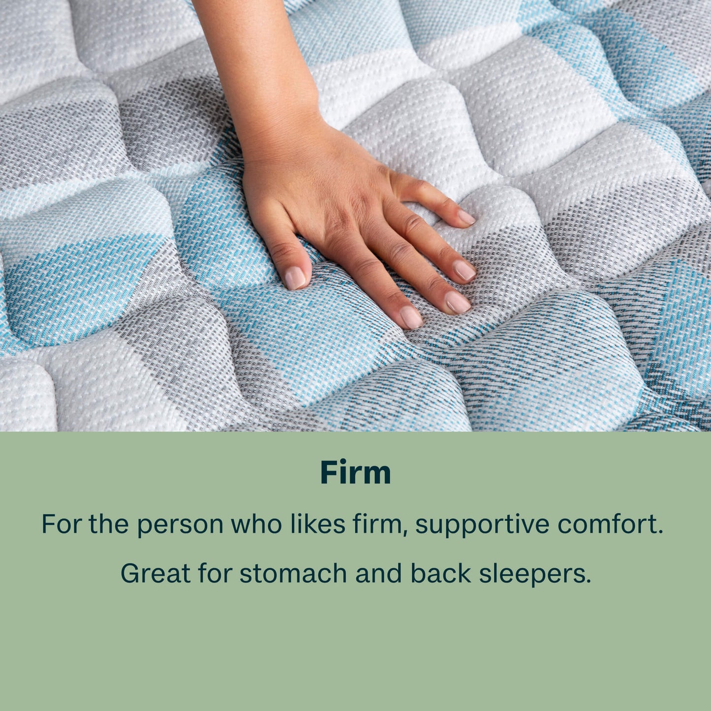 Hand on a textured Beautysleep by Beautyrest mattress with a green label describing firmness for sleepers.