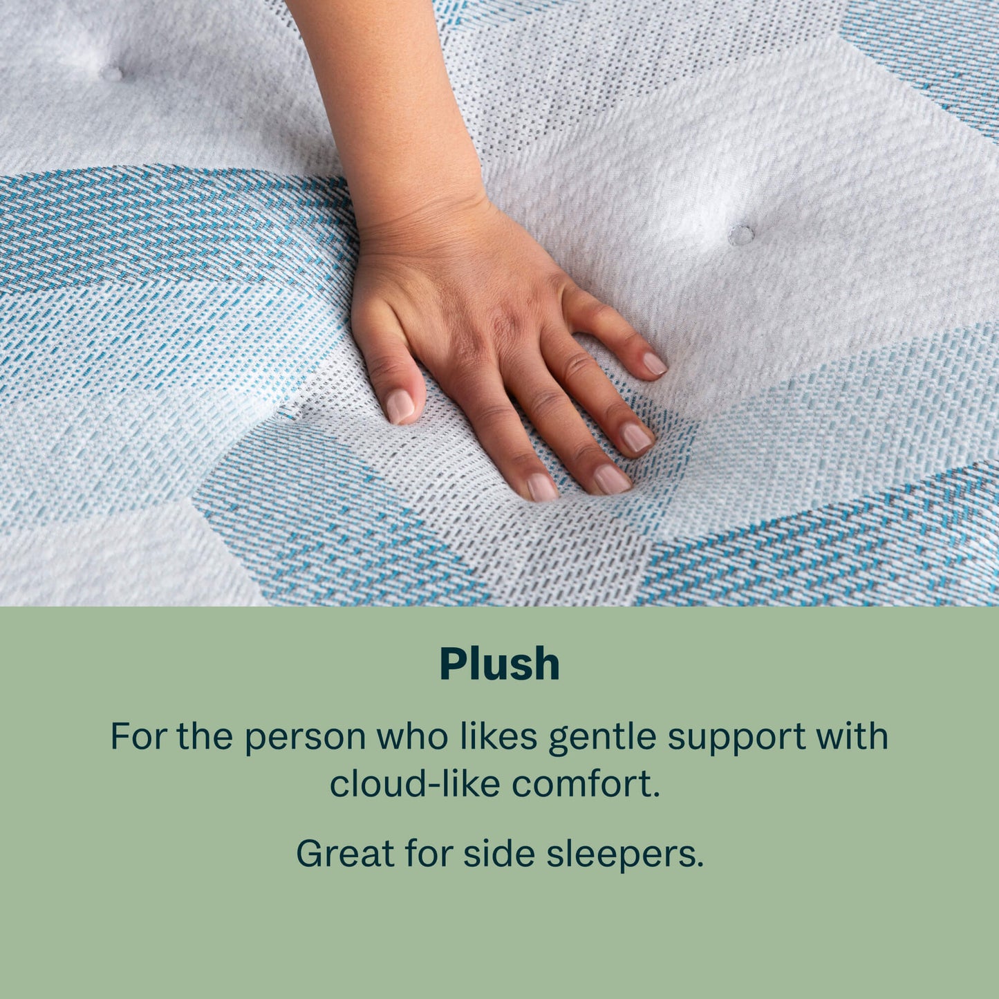 Hand on a plush mattress with text describing its comfort and suitability for side sleepers.