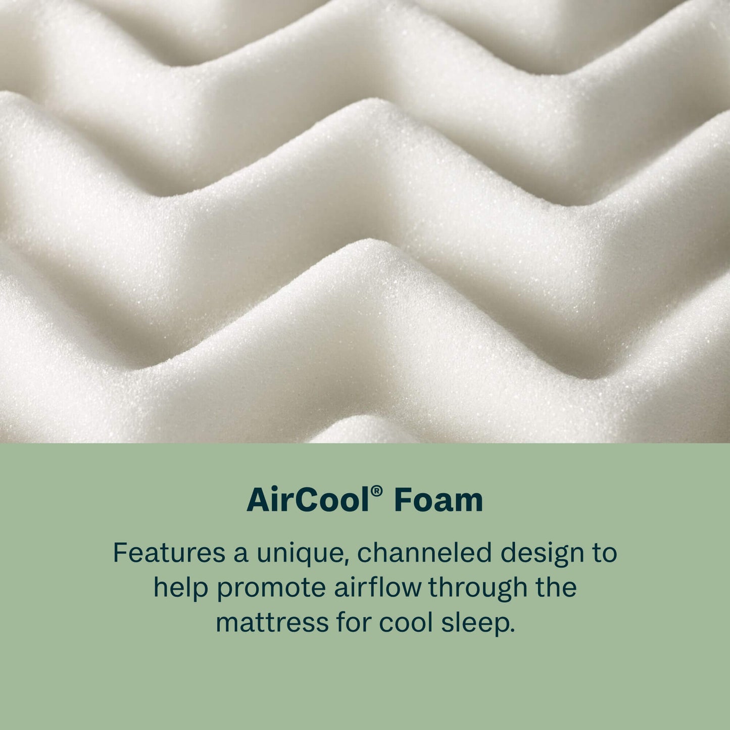 Close-up of AirCool foam with text explaining its design for cool sleep.