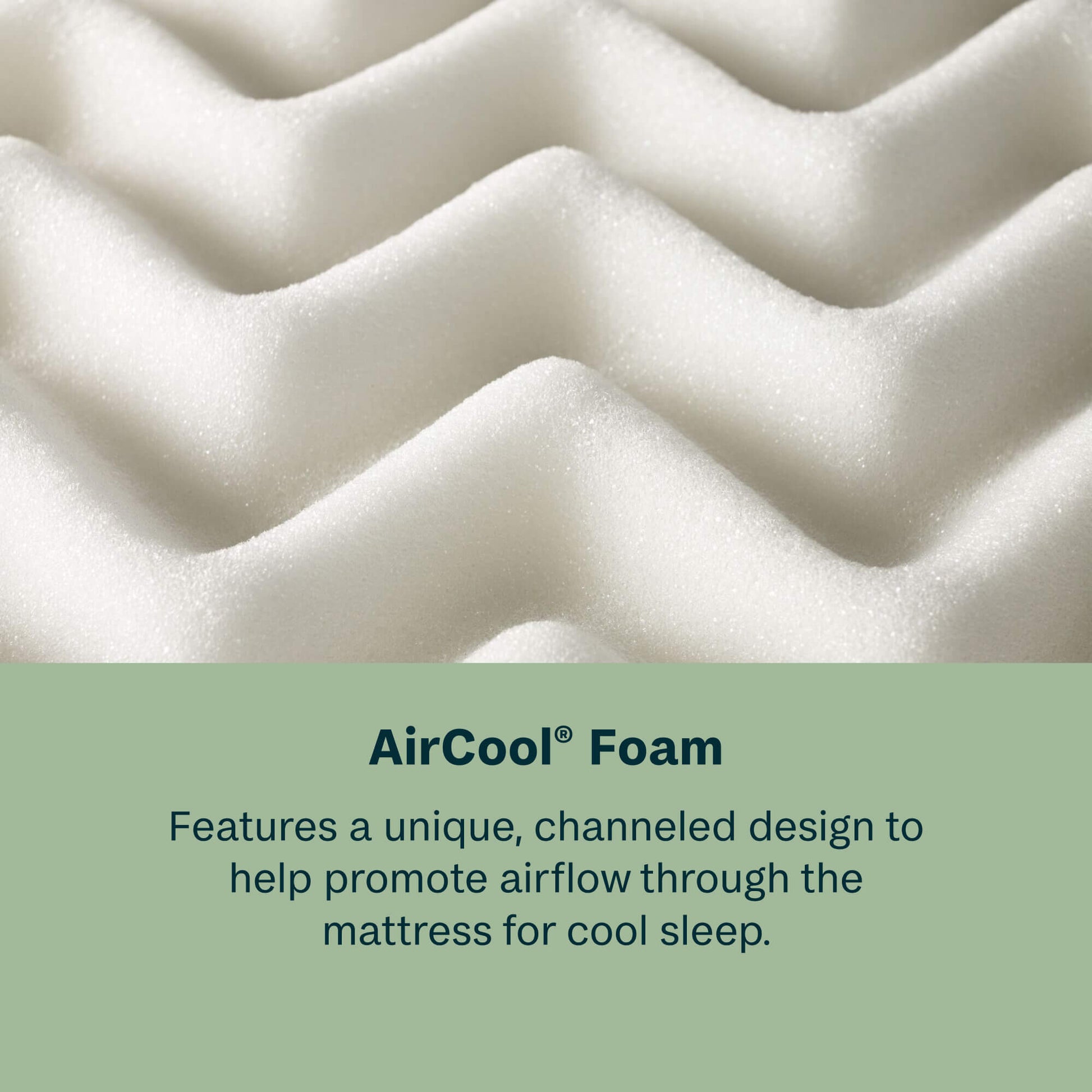 Close-up of AirCool foam with text explaining its design for cool sleep.