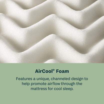 Close-up of AirCool foam with text explaining its design for cool sleep.
