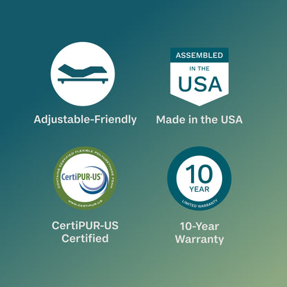 Product features including adjustable-friendly, made in the USA, CertiPUR-US certified, and 10-year warranty on a green background.