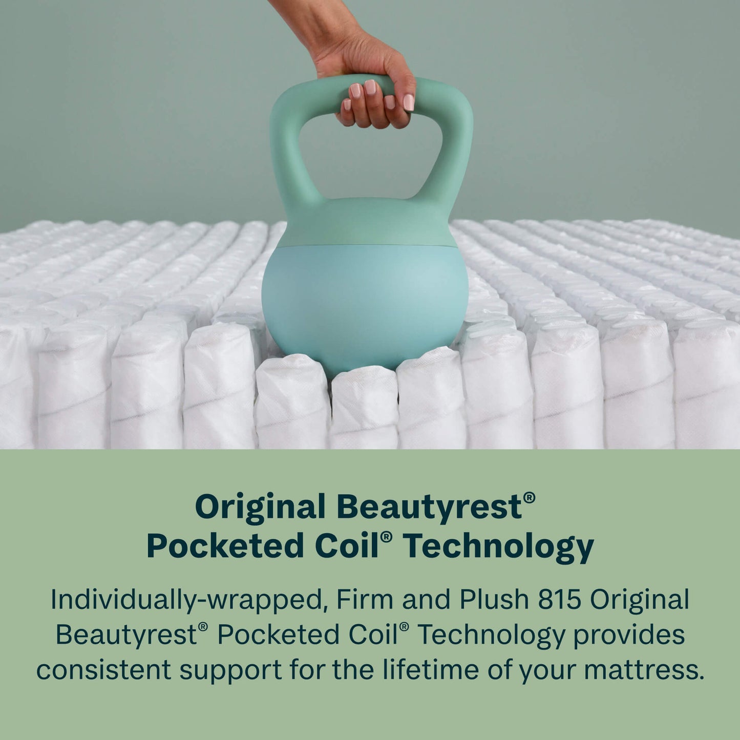 Person lifting a light blue kettlebell over a Beautysleep by Beautyrest mattress with text about Beautyrest Pocketed Coil Technology.