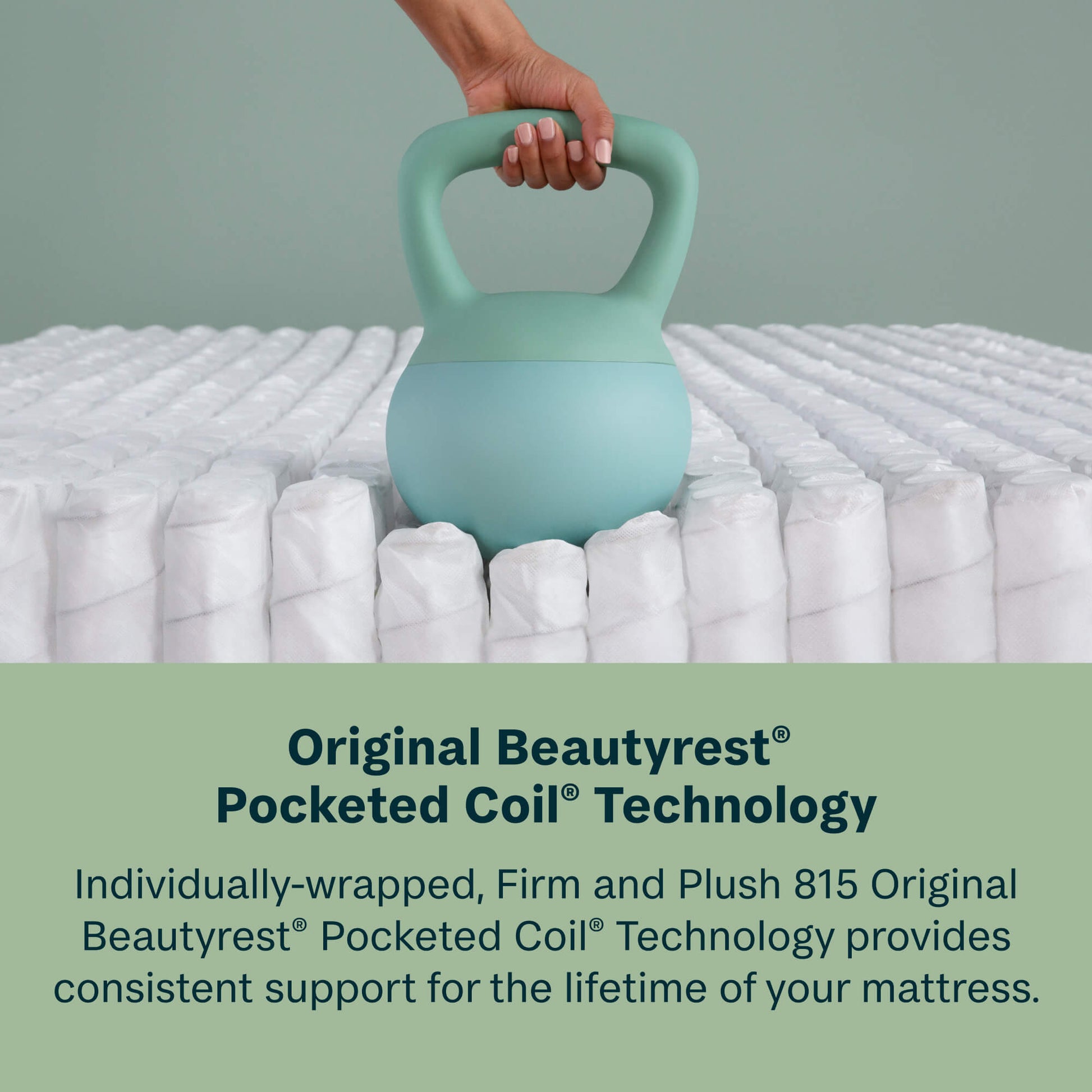 Person lifting a light blue kettlebell over a Beautysleep by Beautyrest mattress with text about Beautyrest Pocketed Coil Technology.