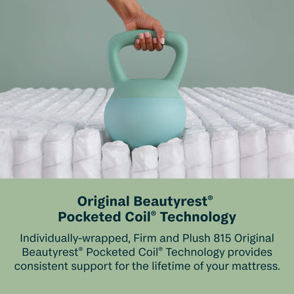 Person lifting a light blue kettlebell over a Beautysleep by Beautyrest mattress with text about Beautyrest Pocketed Coil Technology.