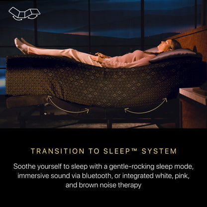a woman laying on her back on top of a Beautyrest Black Hybrid mattress slightly elevated at the head of the bed on an Beautyrest Black Luxury adjustable base.  The copy below the image states Transition To Sleep System.  Soothe yourself to sleep with a gentle-rocking sleep mode, immersive sound via bluetooth, or integrated white, pink, and brown noise therapy.