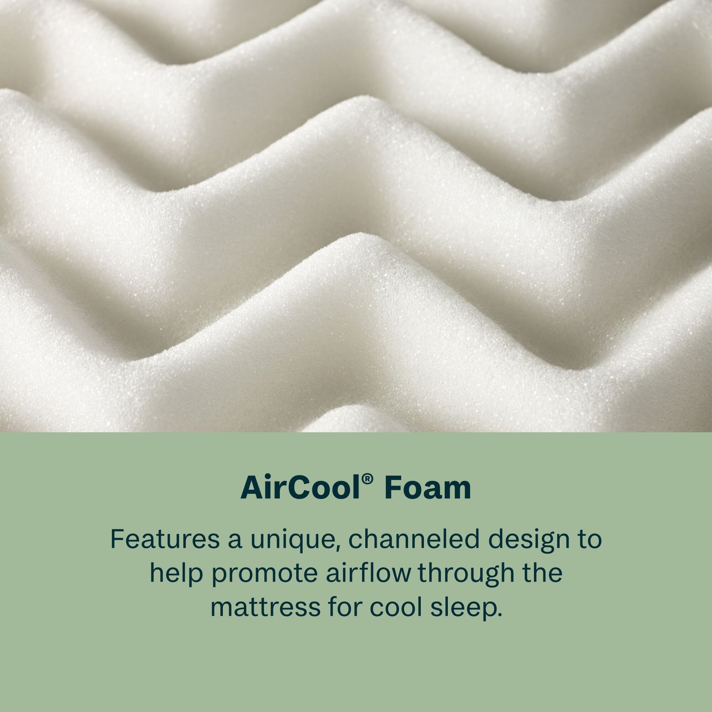 Close-up of Beautysleep AirCool foam with text describing its design for cooling sleep.