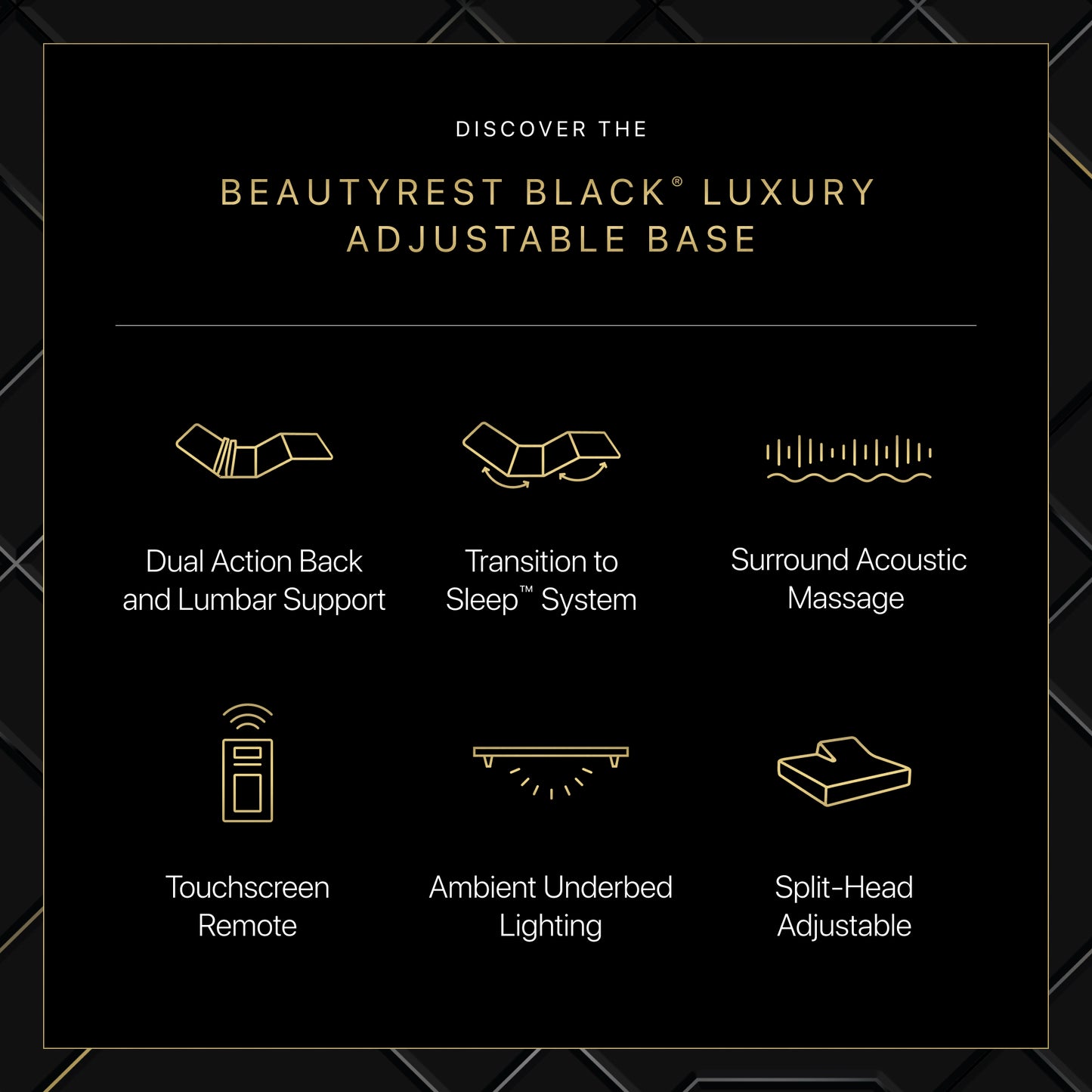 Chart titled Discover the Beautyrest Black Luxury Adjustable base.  The chart shows the different options for the base: Dual Action Back and Lumbar Support, Transition to Sleep System, Surround Acoustic Massage, Touchscreen Remote, Ambient Underbed Lighting and Split-Head Adjustable