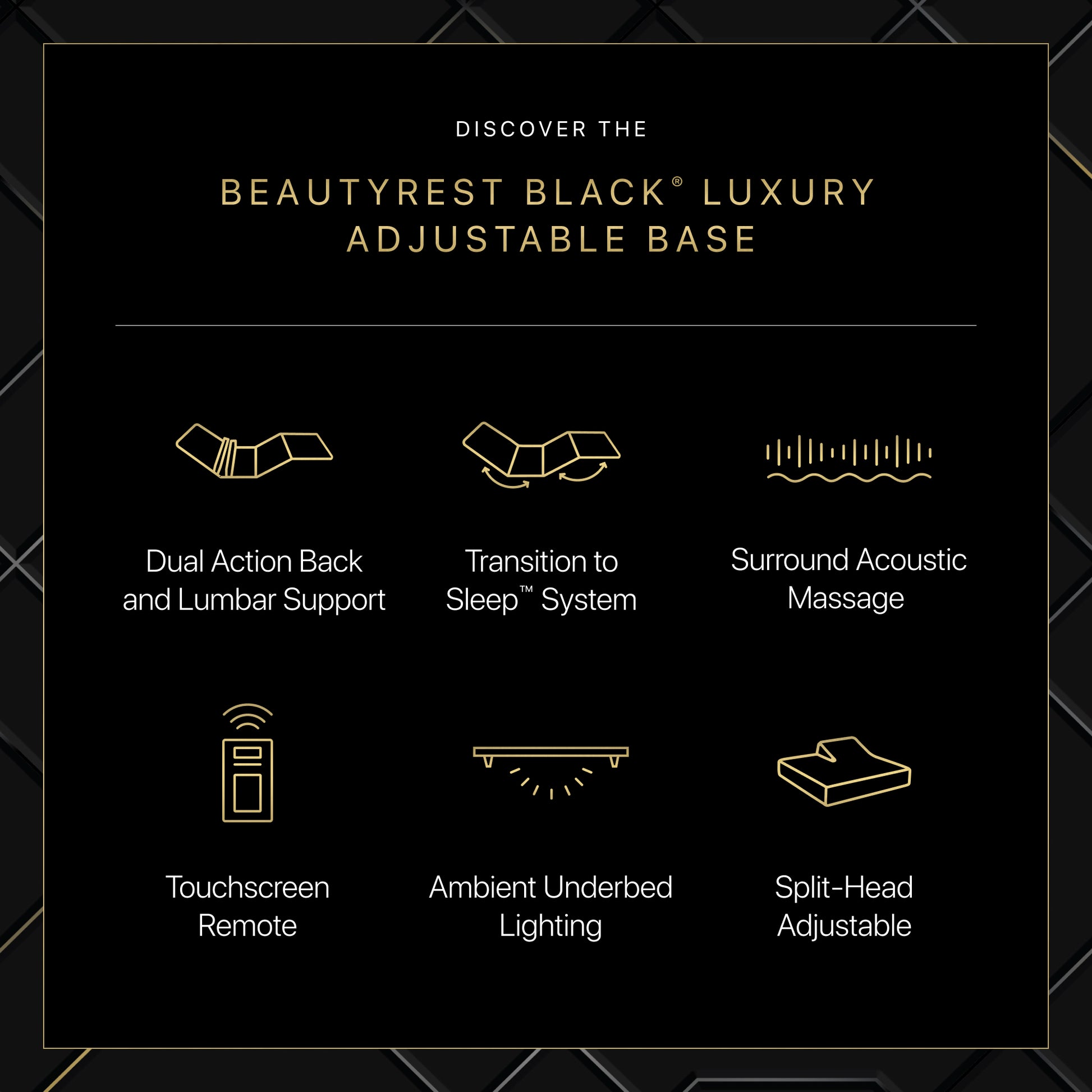 Chart titled Discover the Beautyrest Black Luxury Adjustable base.  The chart shows the different options for the base: Dual Action Back and Lumbar Support, Transition to Sleep System, Surround Acoustic Massage, Touchscreen Remote, Ambient Underbed Lighting and Split-Head Adjustable