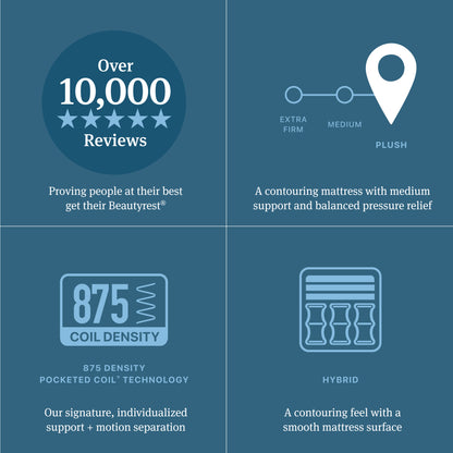 Beautyrest Hybrid Plush Mattress Promotional graphic with text and icons about a mattress, including reviews, support levels, coil density, and hybrid plush design.