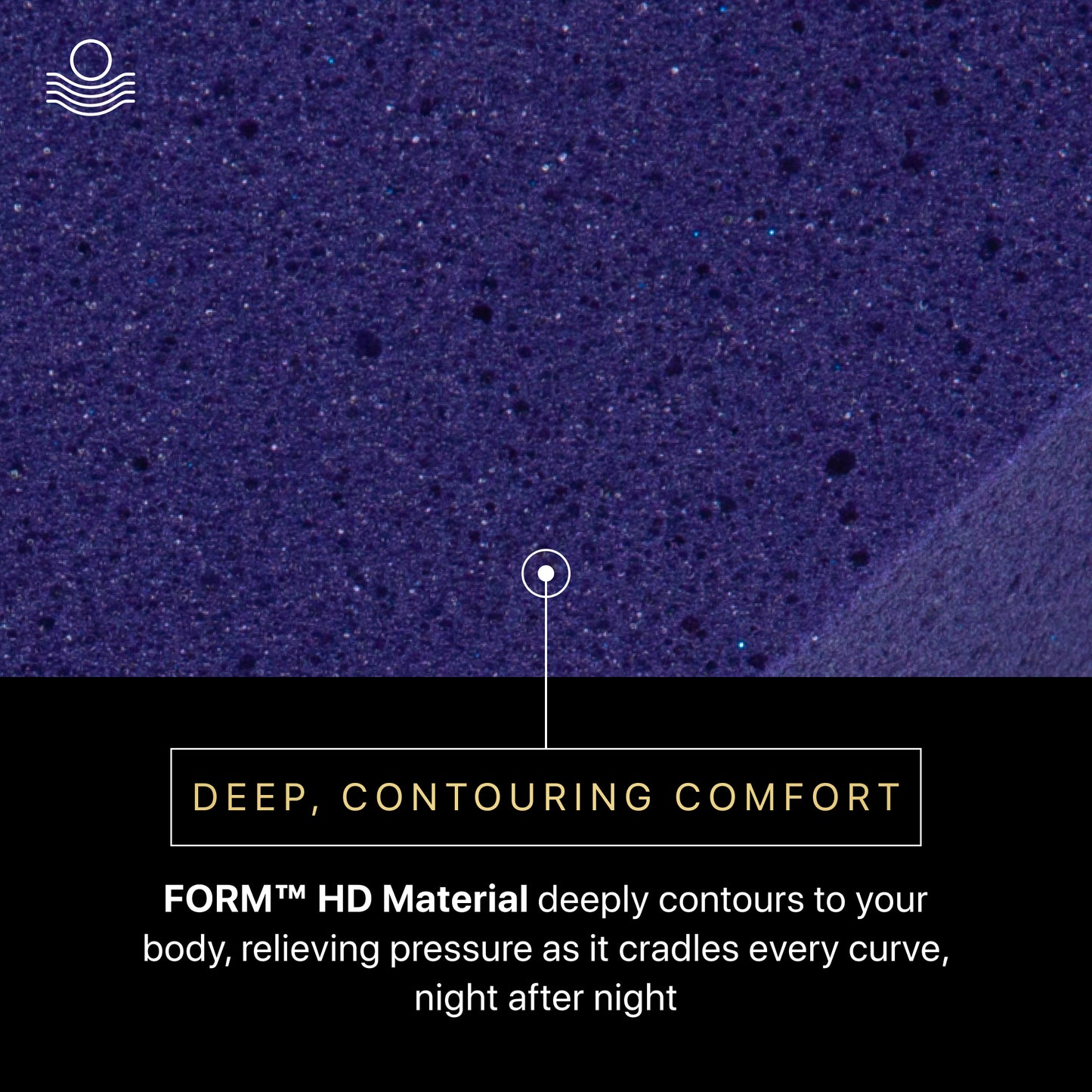 Text on a textured purple background describing 'DEEP, CONTOURING COMFORT' with a brand logo.