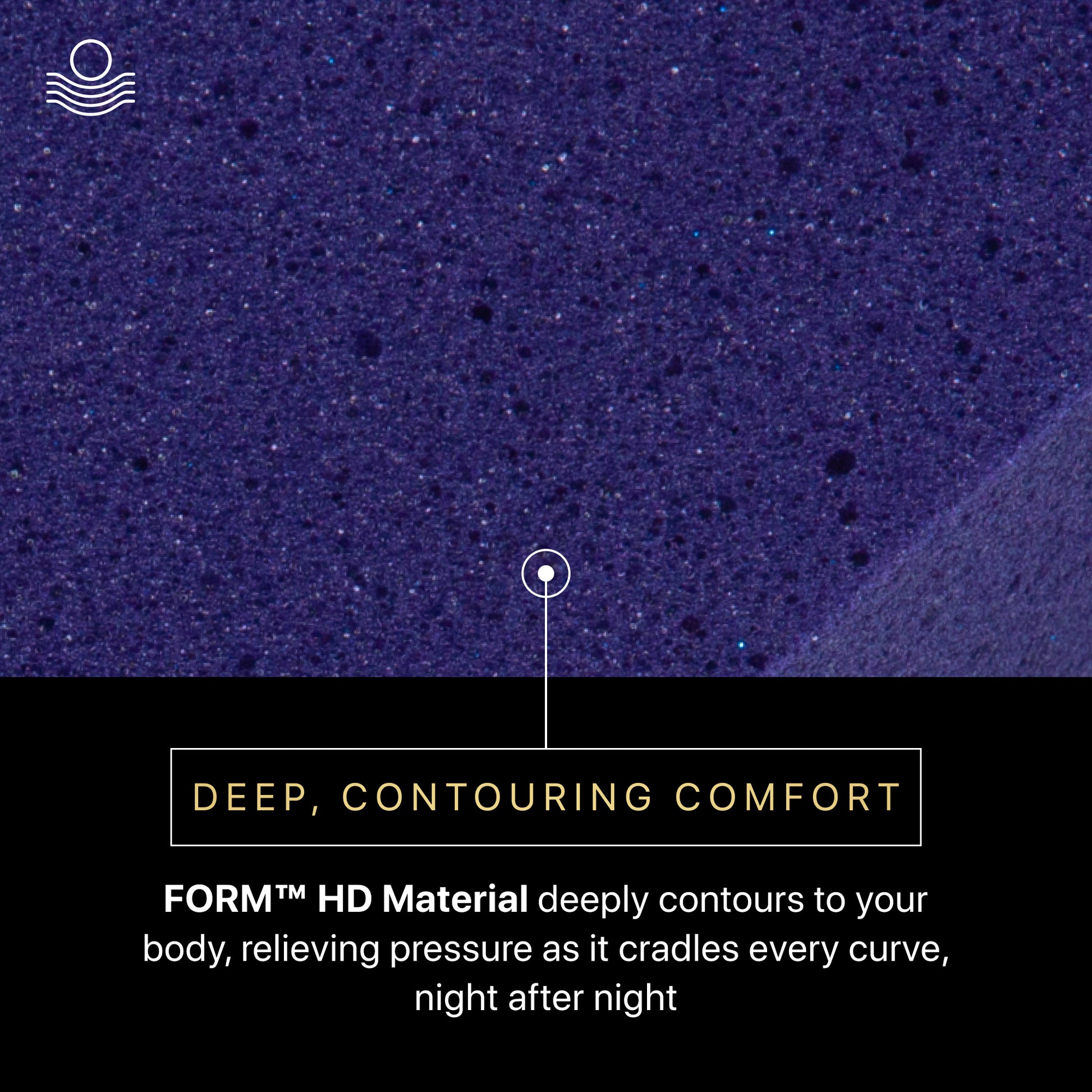 Text on a textured purple background describing 'DEEP, CONTOURING COMFORT' with a brand logo.