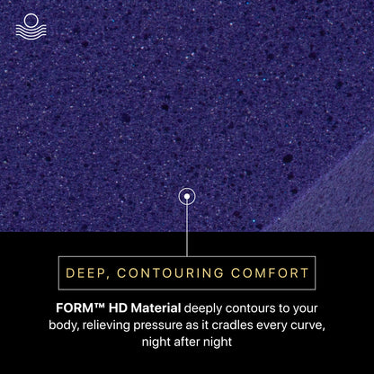 Text on a textured purple background describing 'DEEP, CONTOURING COMFORT' with a brand logo.