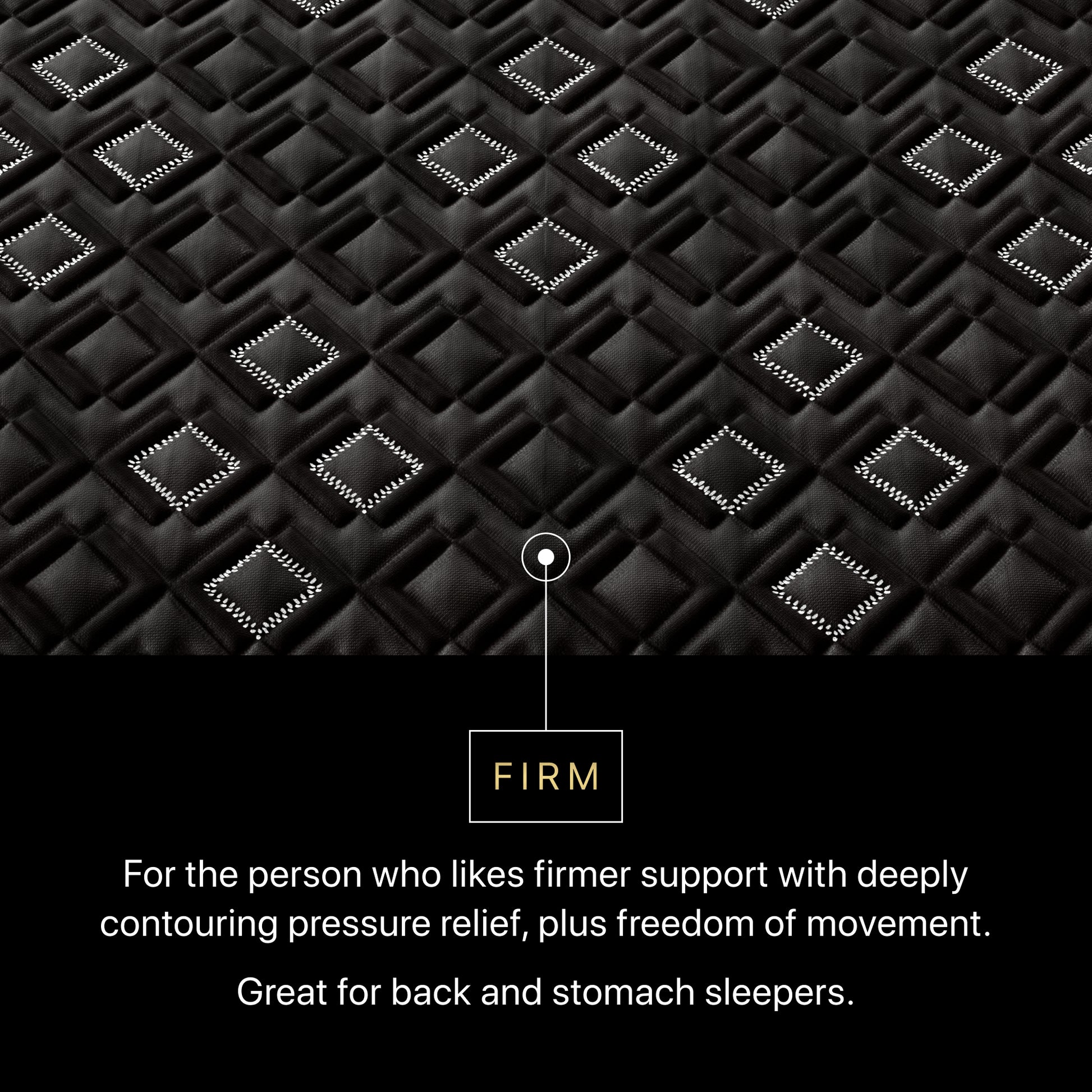 Text description of Beautyrest Black Hybid XCS mattress topper with diamond pattern and 'Firm' label.