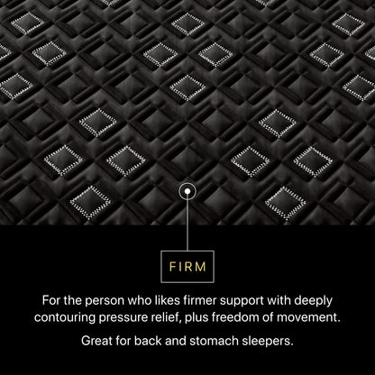 Text description of Beautyrest Black Hybid XCS mattress topper with diamond pattern and 'Firm' label.