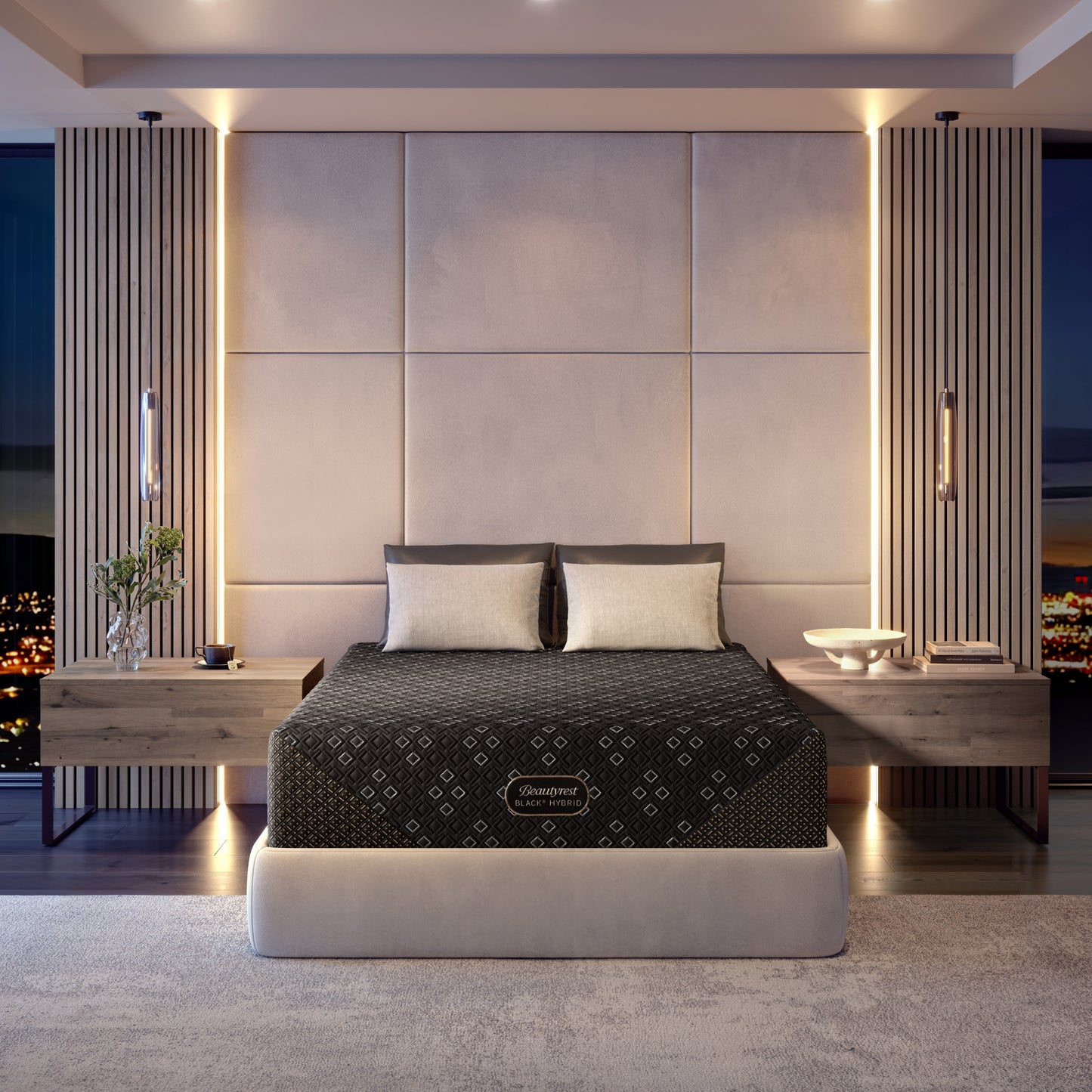 Modern bedroom with a Beautyrest Black Hybid XCS plush mattress in a bed frame featuring a beautyrest mattress brand logo.
