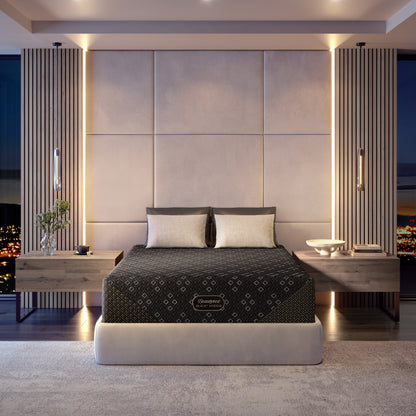 Modern bedroom with a Beautyrest Black Hybid XCS plush mattress in a bed frame featuring a beautyrest mattress brand logo.