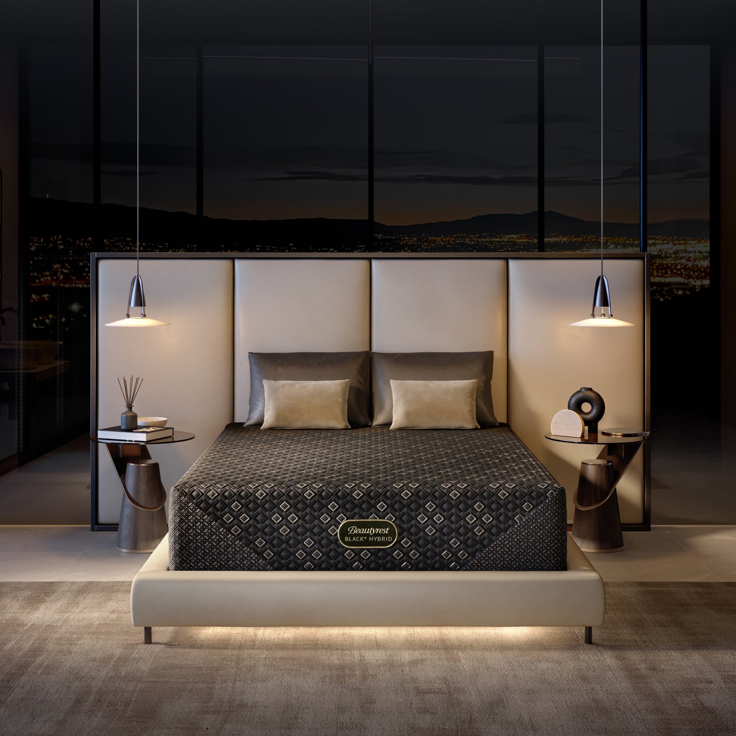 Modern bedroom with a Beautyrest Black Hybid XCS firm mattress in a bed frame featuring a beautyrest mattress brand logo.