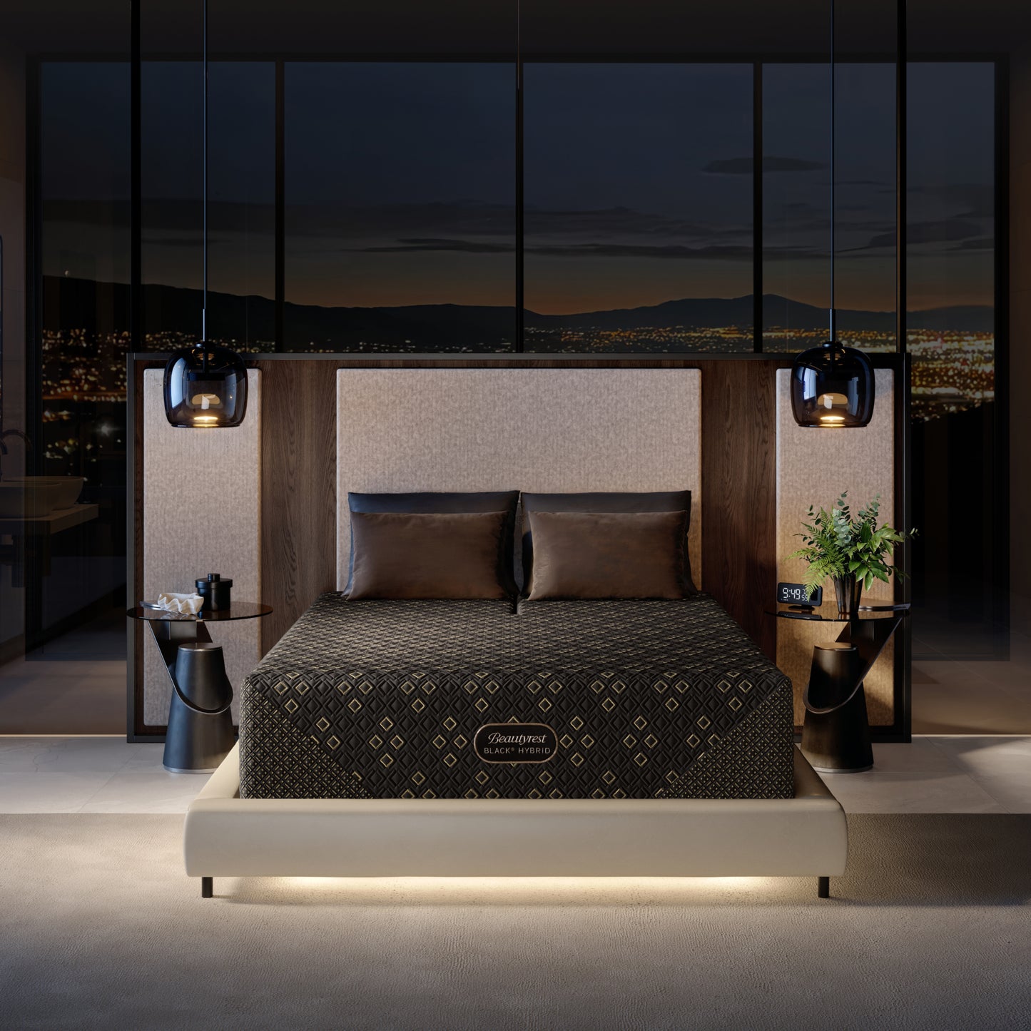 Modern bedroom with a Beautyrest Black Hybid XCS Medium mattress in a beige bed frame and cityscape view