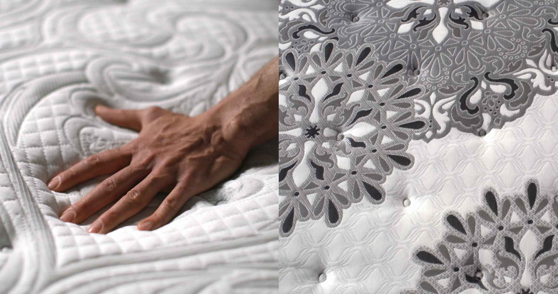 Hand pressing mattress and close up of mattress pattern