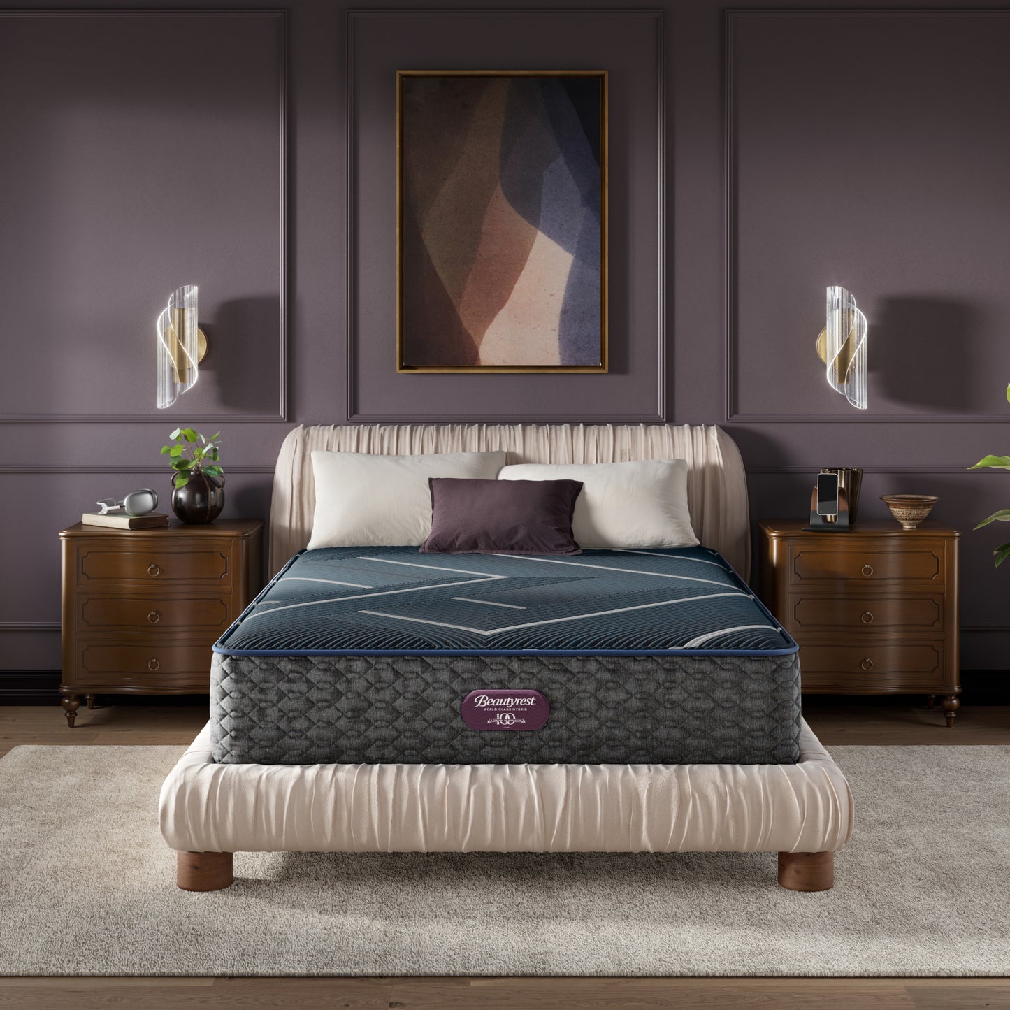 Beautyrest World Class Quilted Hybrid mattress sitting in a brown bed frame with 3 pillows on top of it